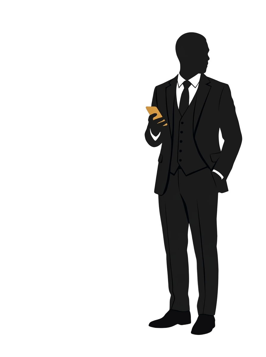Illustration of David in a three-piece suit holding a phone